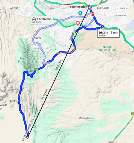Route from Nairobi to Loodariak, a straight-line distance of 44km, but 65km by road